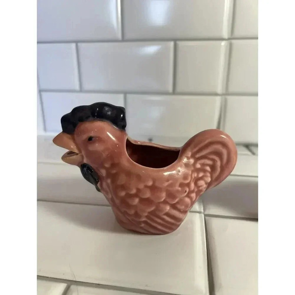 1950s Rooster Creamer And Hen Sugar Bowl Set In Pink and Black Glazed Pottery - Picture 7 of 12